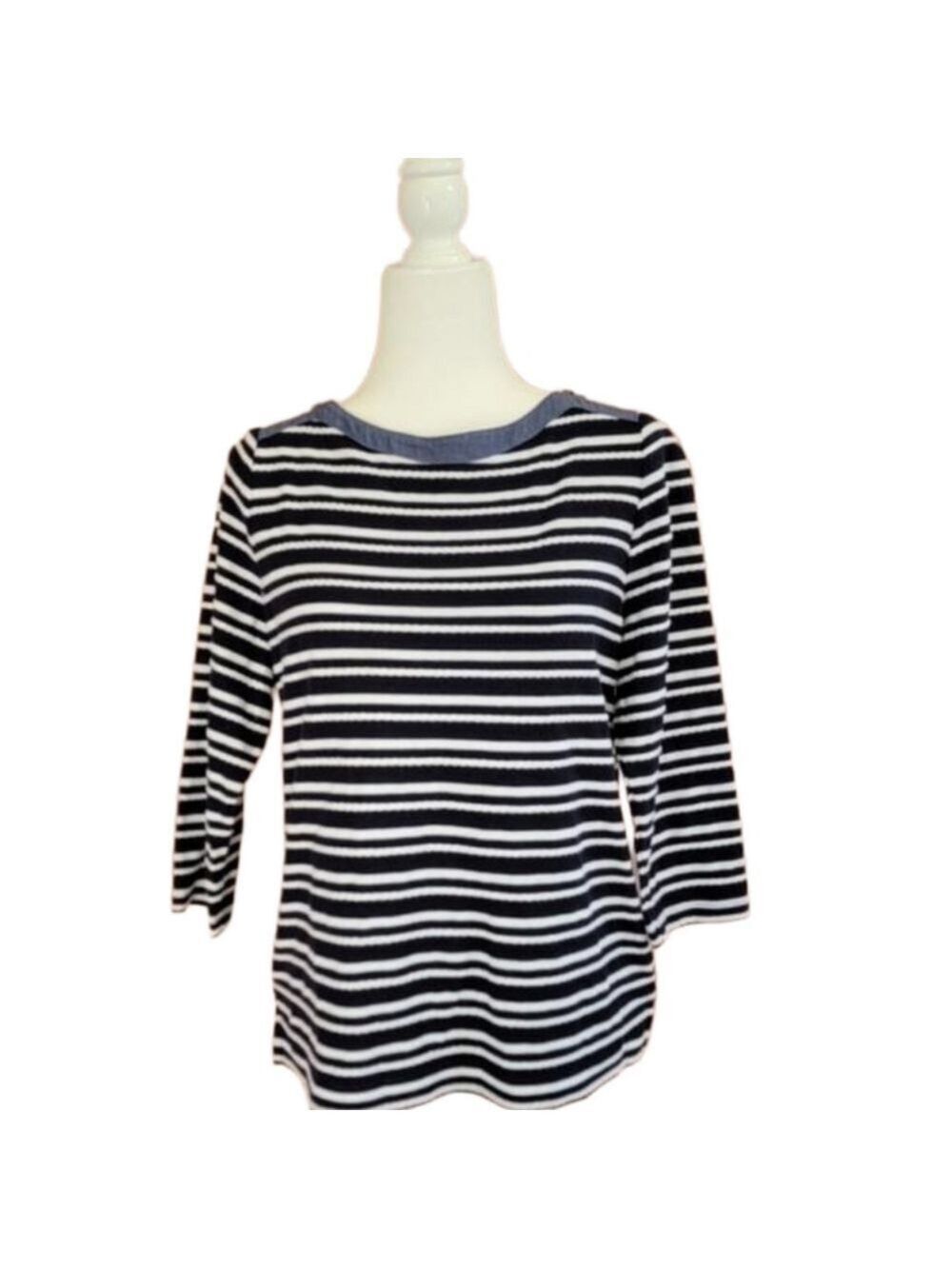 Talbots Navy Striped 3/4 Sleeve Casual Top Size Medium EUC